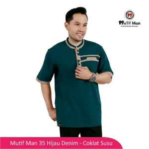 Baju Koko Dewasa Mutif MTIF - MM0035C Hijau Denim - Coklat Susu