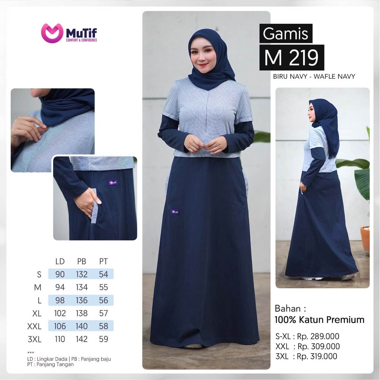 Baju Muslim - Gamis Dewasa Mutif MTIF - 219 A Biru Navy - Wafle Navy